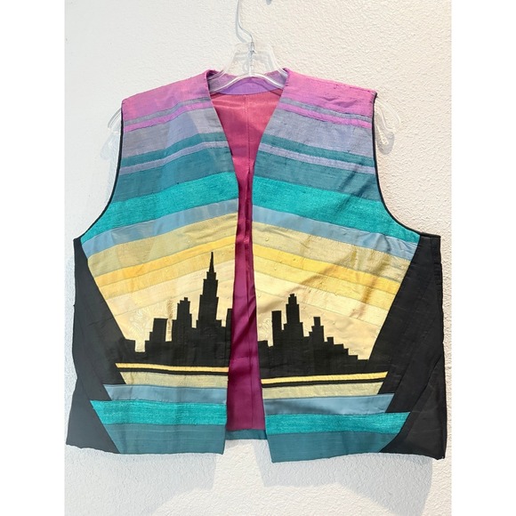Unique Skyline Geometric Patchwork Vest Women's Artsy Boho Festival Size Lg - Picture 2 of 12